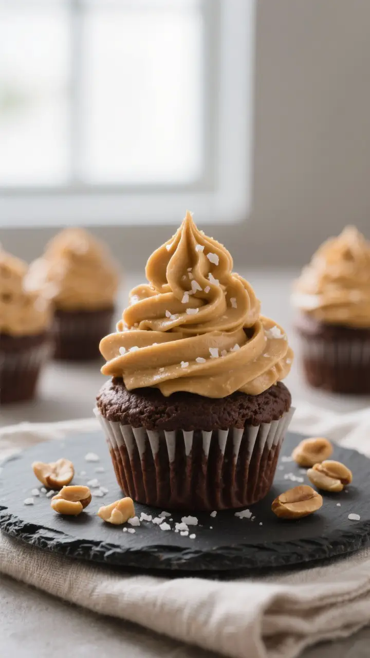 Final dish: Chocolate cupcakes generously topped with tall, swirled peanut butter frosting piped wit