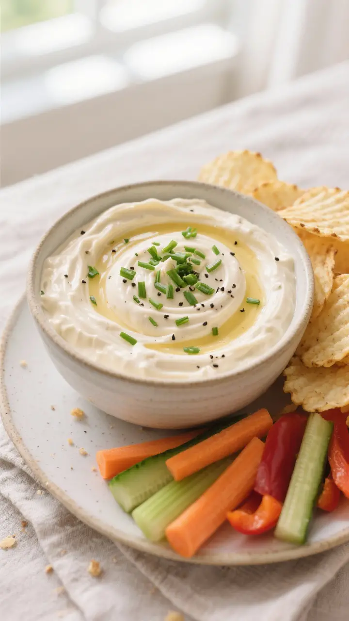 Final dish: Creamy French onion dip swirled into a low, wide ceramic bowl, topped with a generous sp