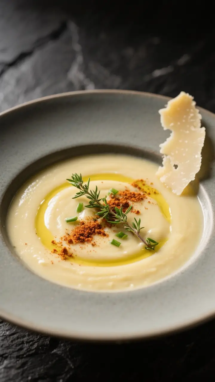 Final dish, : Elegantly plated Yukon Gold potato soup in a wide, shallow bowl, blended ultra-smooth 