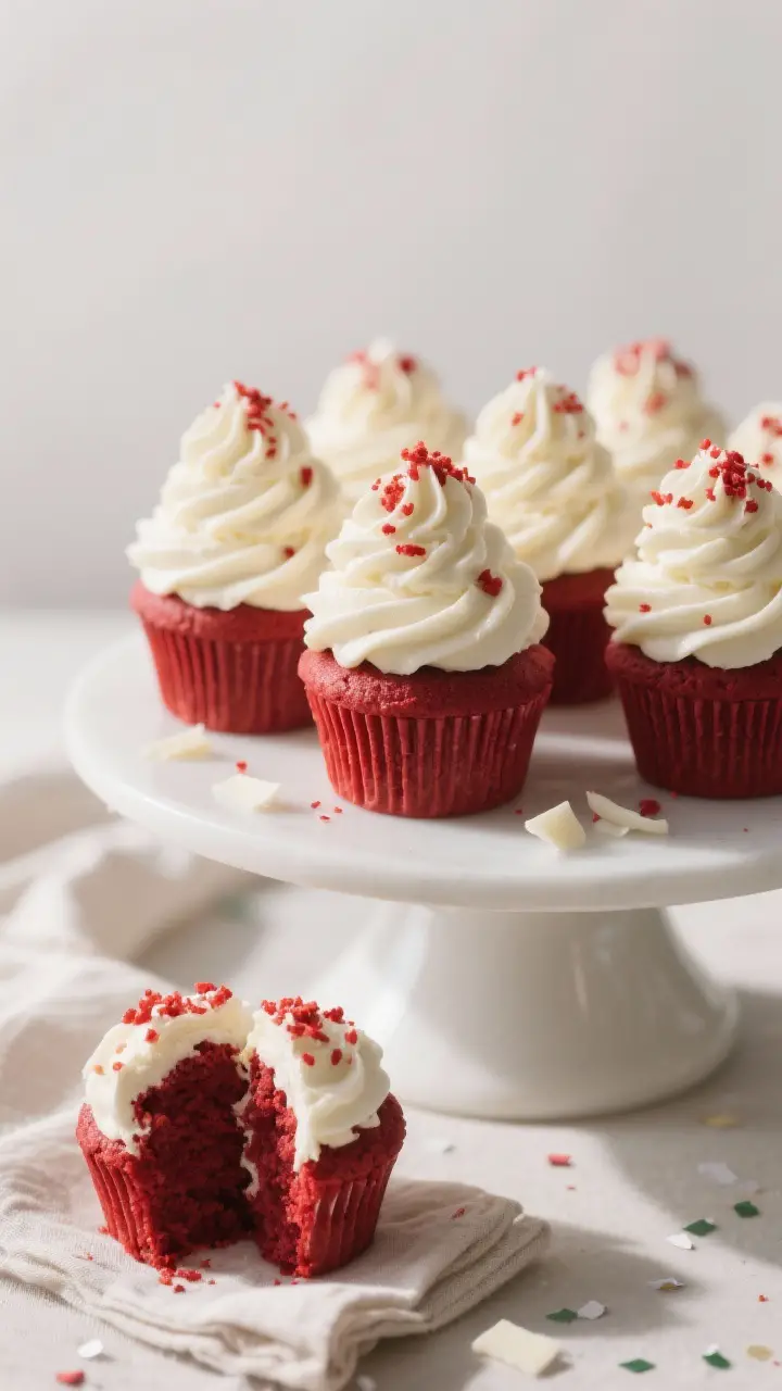 Final dish hero shot: Beautifully frosted red velvet cupcakes arranged on a matte white cake stand; 