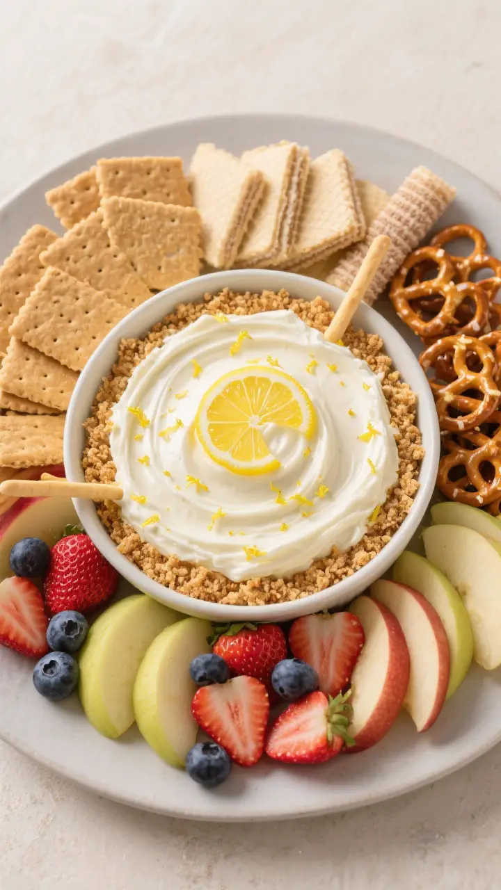 Final dish overhead: Party-ready spread with a central serving bowl of chilled Lemon Cream Pie Chees