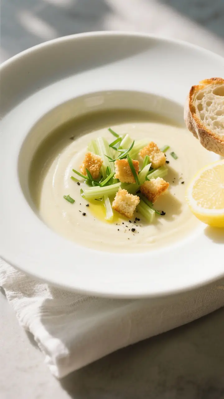 Final dish — overhead plated presentation: Overhead shot of a bowl of cream of celery soup plated 