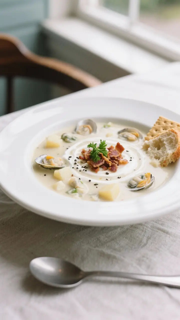 Final dish, plated: Beautifully plated New England–style clam chowder in a wide white bowl, ultra-