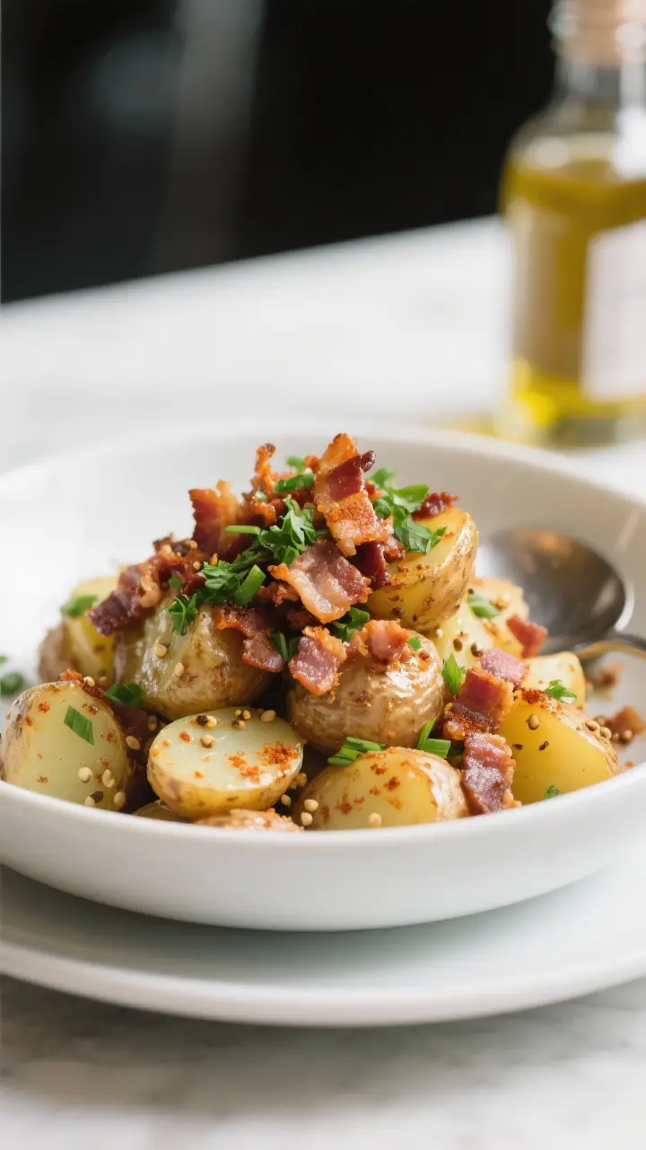 Final dish, plated presentation: Warm hot potato salad piled into a low, wide white ceramic bowl, to