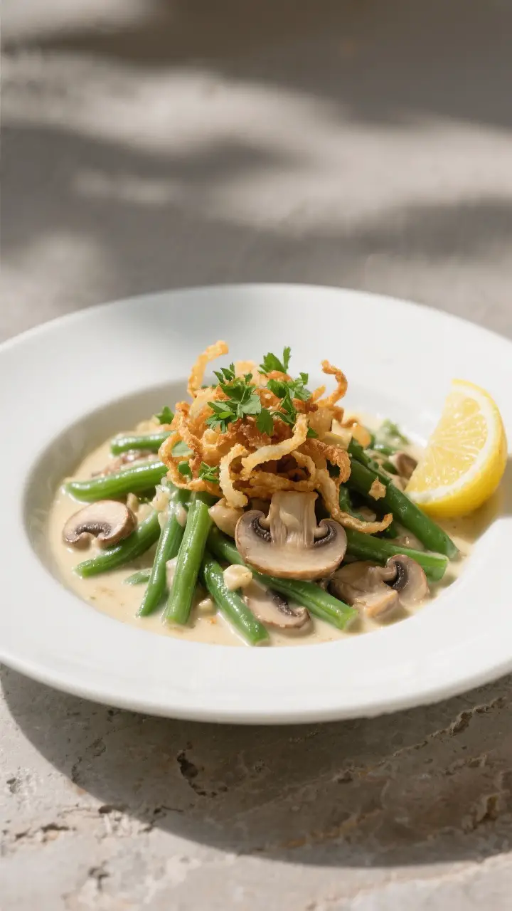 Final dish presentation: A restaurant-quality plated serving of green bean casserole in a shallow wh
