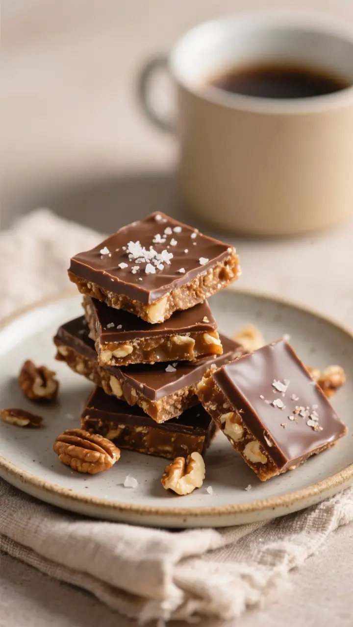 Final dish presentation: A small ceramic plate stacked with bite-size Toffee Breaks, chocolate side 