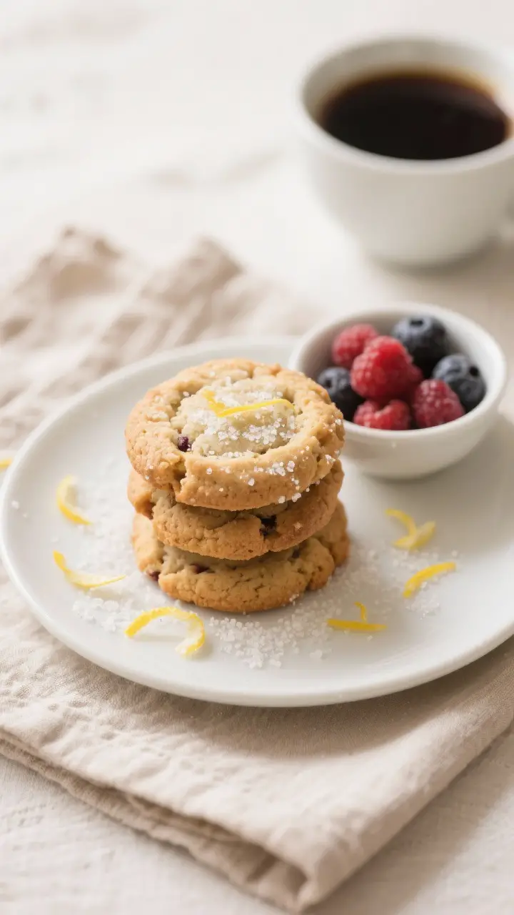 Final dish presentation: A small plate stack of Berry Batch Cookies styled café-style—three cooki