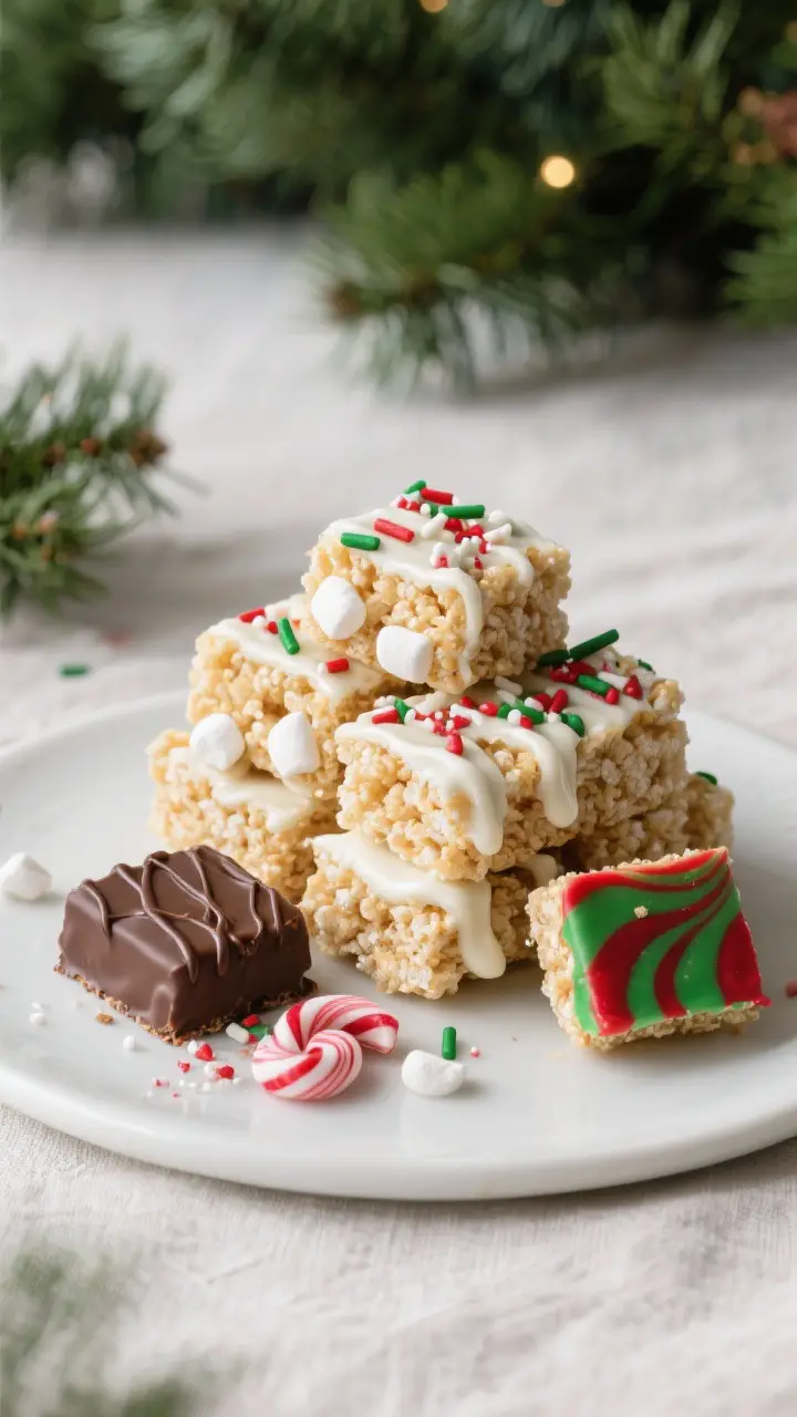 Final dish presentation: A styled platter of Christmas Rice Krispie Treat squares arranged in a stag