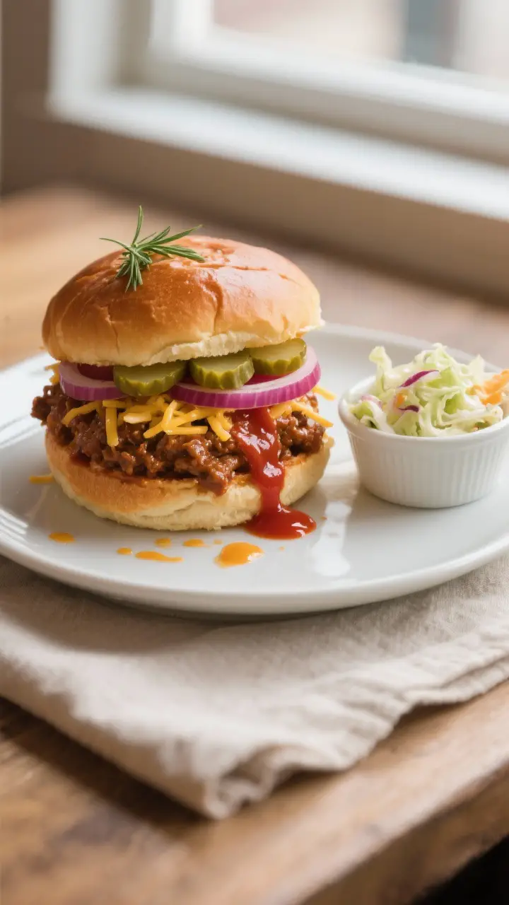 Final dish presentation: A toasted brioche bun stacked with saucy Sloppy Jane filling, crowned with