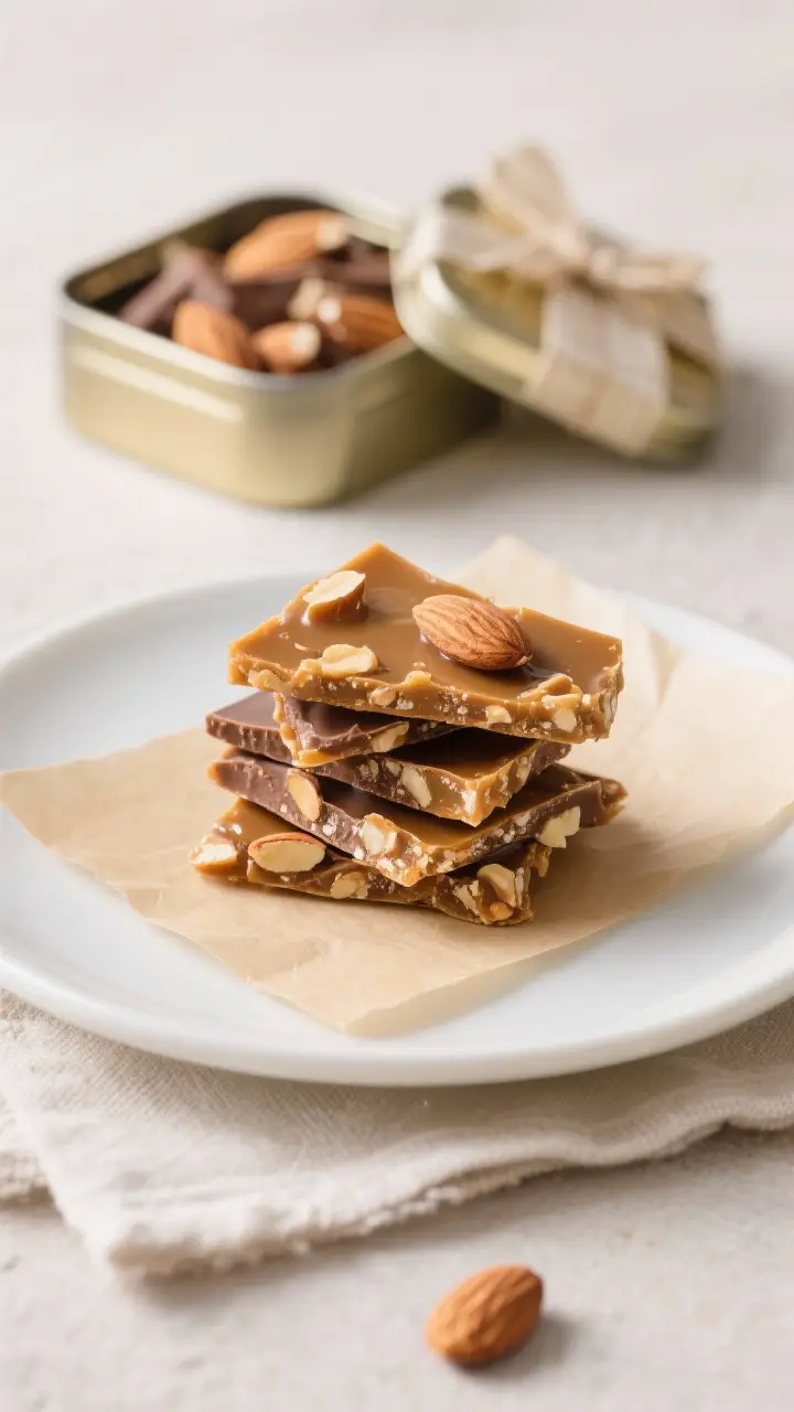 Final dish presentation: Almond Roca Brittle stacked on a matte white dessert plate with a small tin