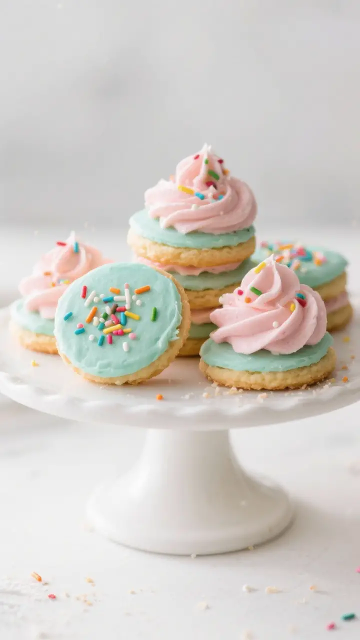 Final dish presentation: Bakery-style frosted sugar cookies arranged on a white cake stand with a fe