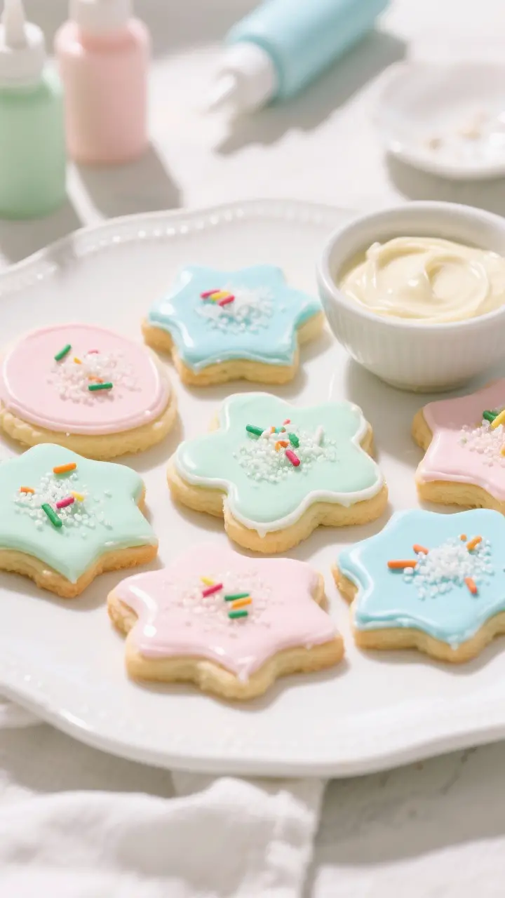 Final dish presentation: Beautifully decorated sugar cookies arranged on a white ceramic platter; cr