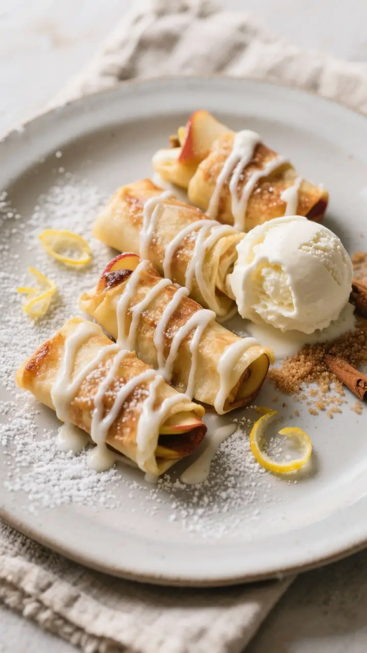 Final dish presentation: Beautifully plated Apple Wrap-ups on a matte ceramic plate, drizzled with a