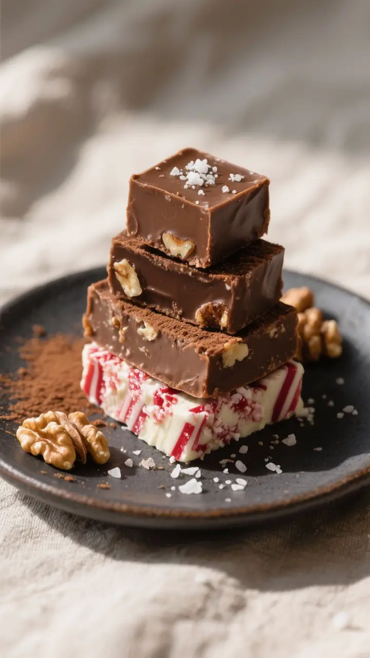 Final dish presentation: Beautifully plated assorted fudge squares on a small dark ceramic plate—S