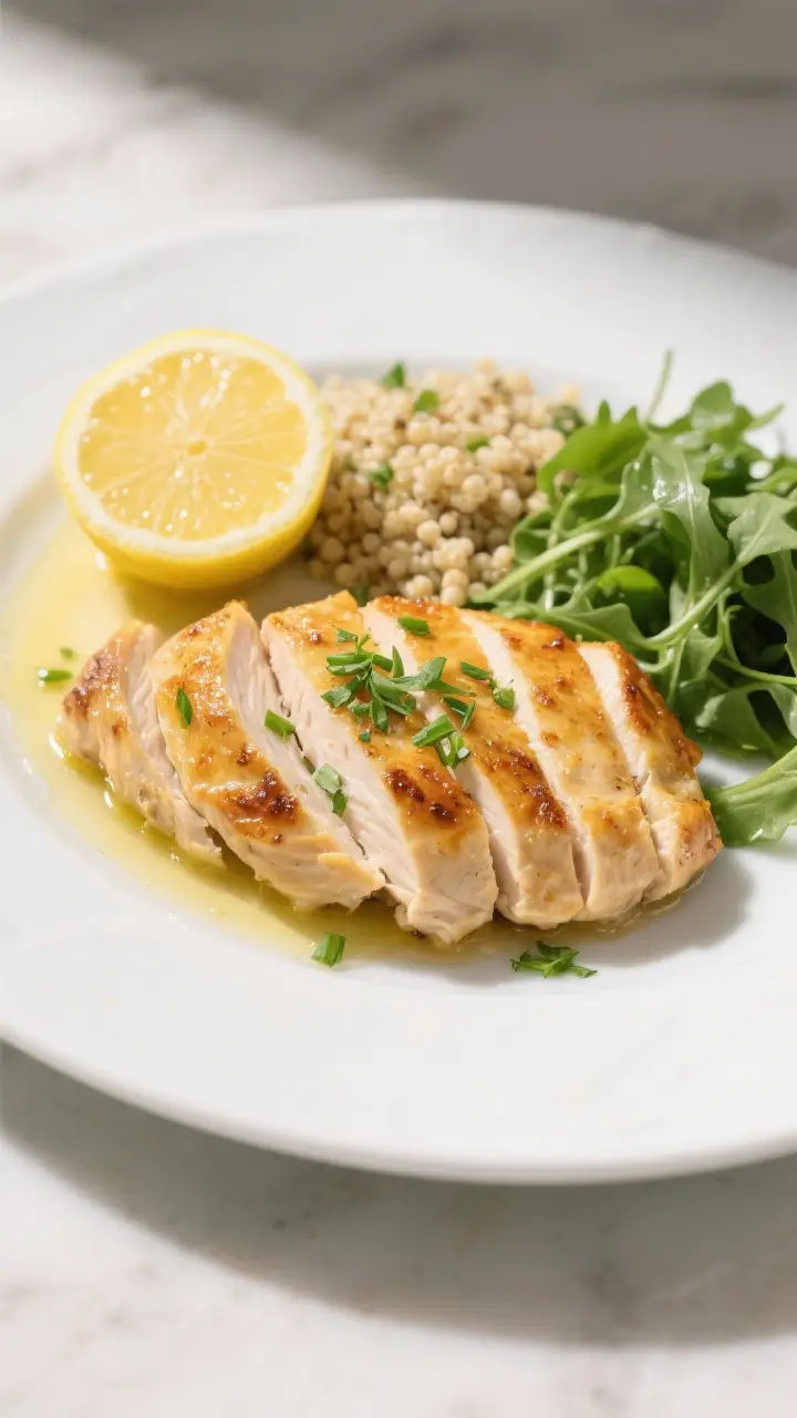 Final dish presentation: Beautifully plated baked chicken breasts sliced against the grain and fanne