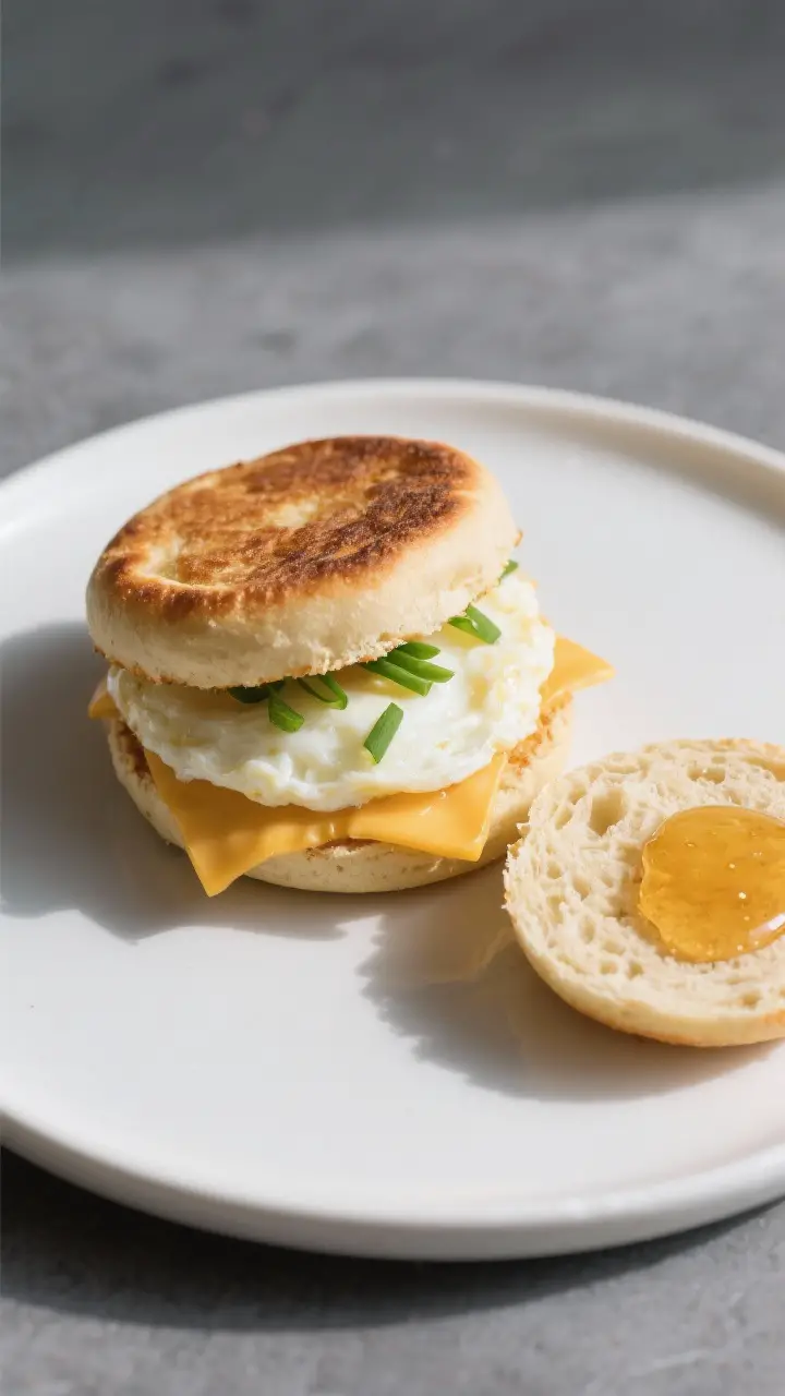 Final dish presentation: Beautifully plated breakfast sandwich made with toasted homemade English mu