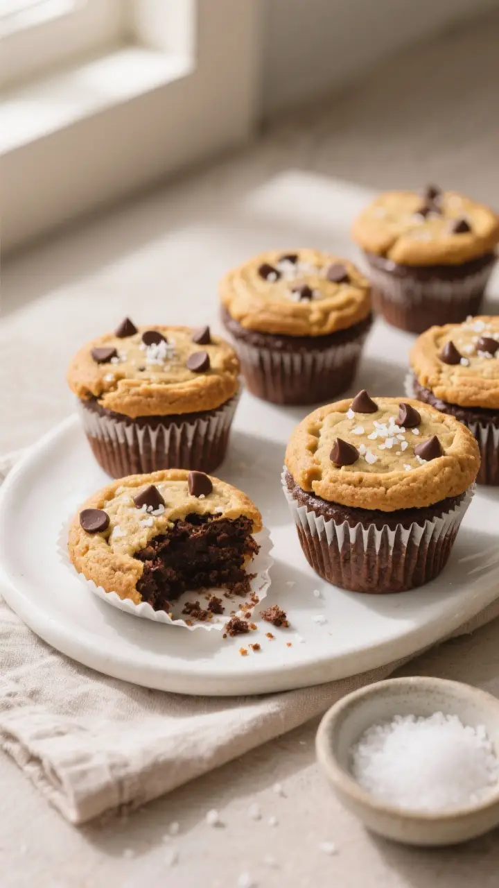 Final dish presentation: Beautifully plated brookie cupcakes arranged on a matte white platter, cook