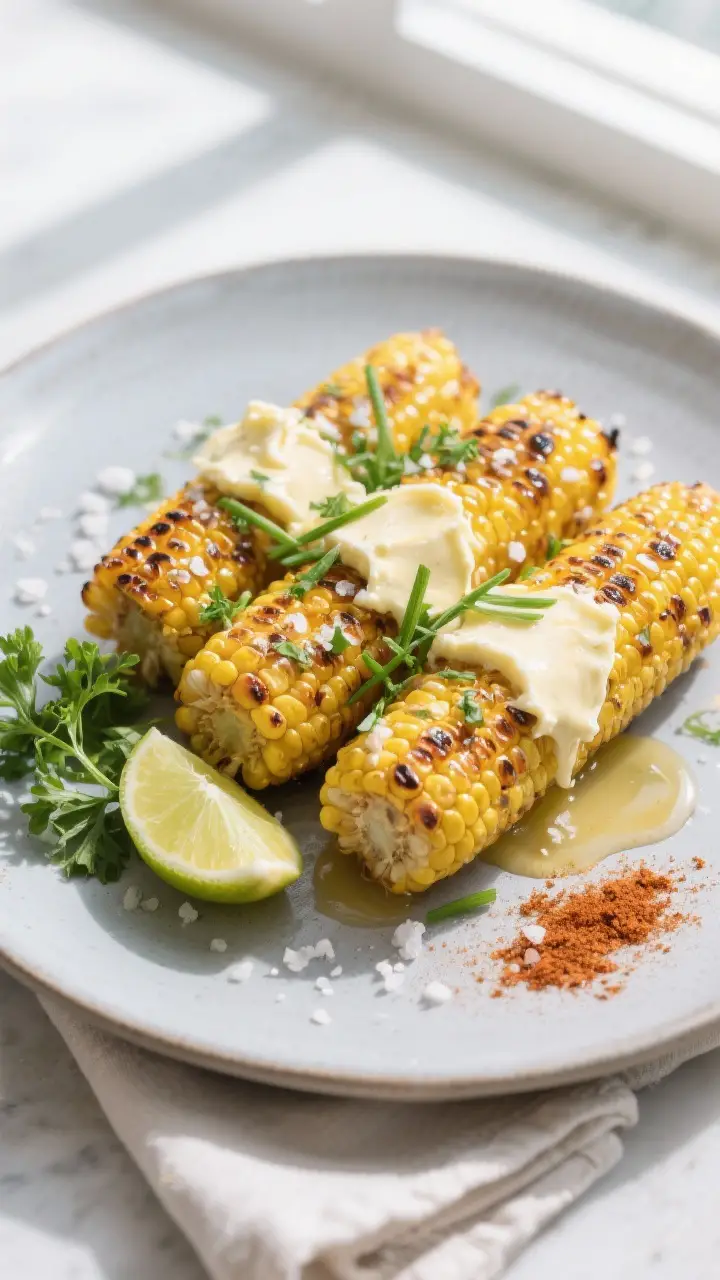 Final dish presentation: Beautifully plated buttery smoked corn cobs on a matte ceramic platter, bru
