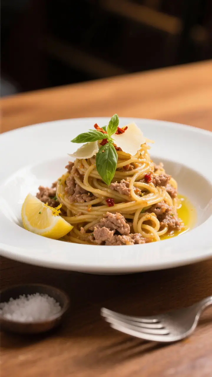 Final dish presentation: Beautifully plated ground turkey spaghetti twirled into a high nest in a wh