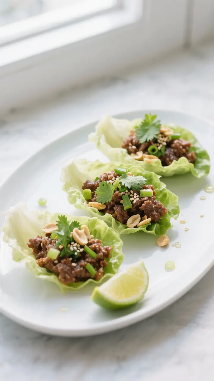 Final dish presentation: Beautifully plated ground beef lettuce wraps assembled—three butter lettu