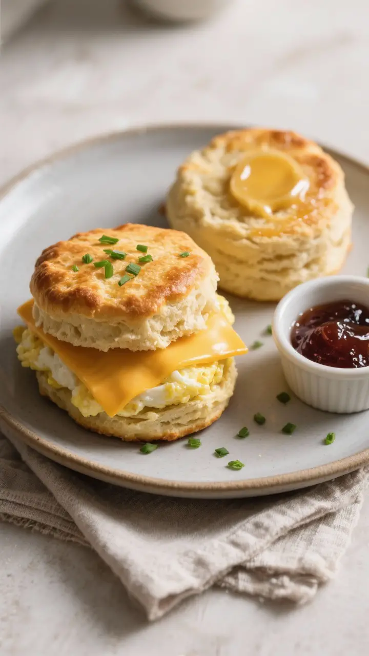 Final dish presentation: Beautifully plated Huff 'n Puff Potato Biscuit breakfast sandwich on a smal