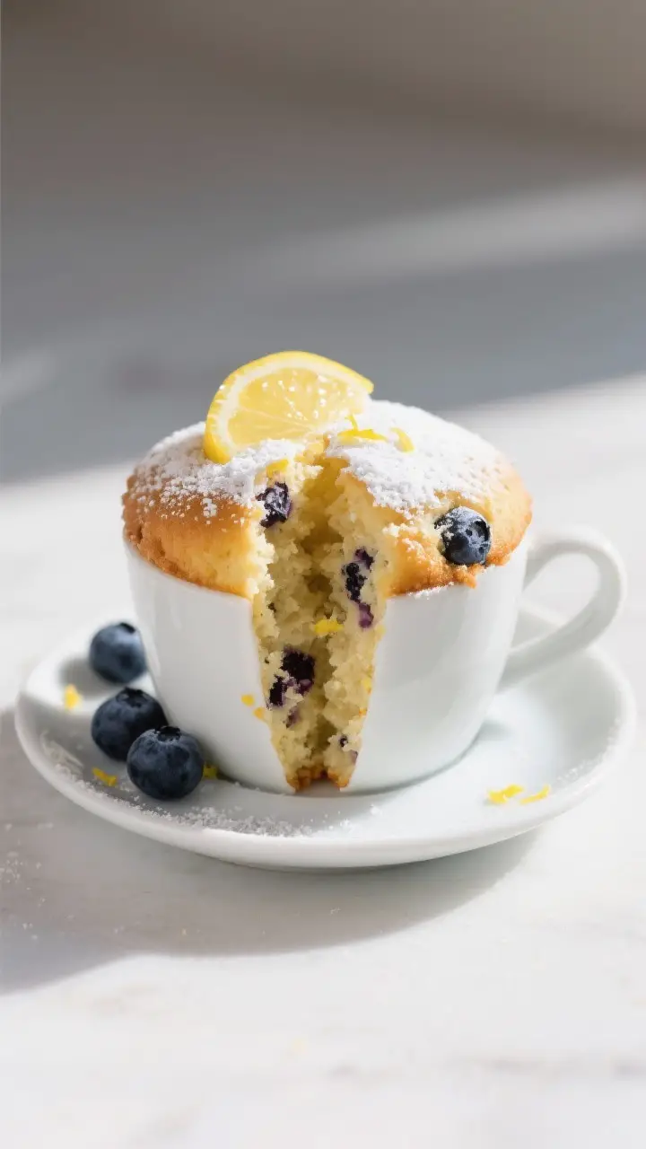 Final dish presentation: Beautifully plated Lemon Blueberry Minute Muffin removed from the mug and s