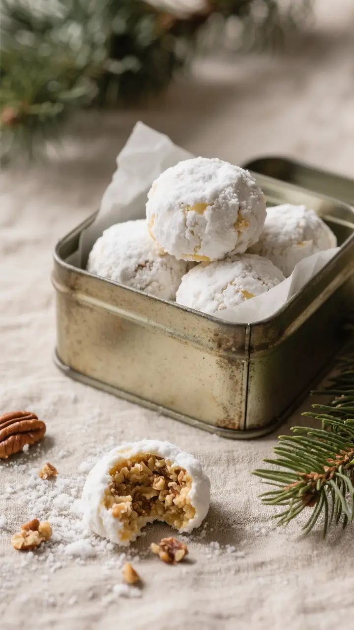 Final dish presentation: Beautifully plated pecan snowball cookies stacked in a vintage tin lined wi