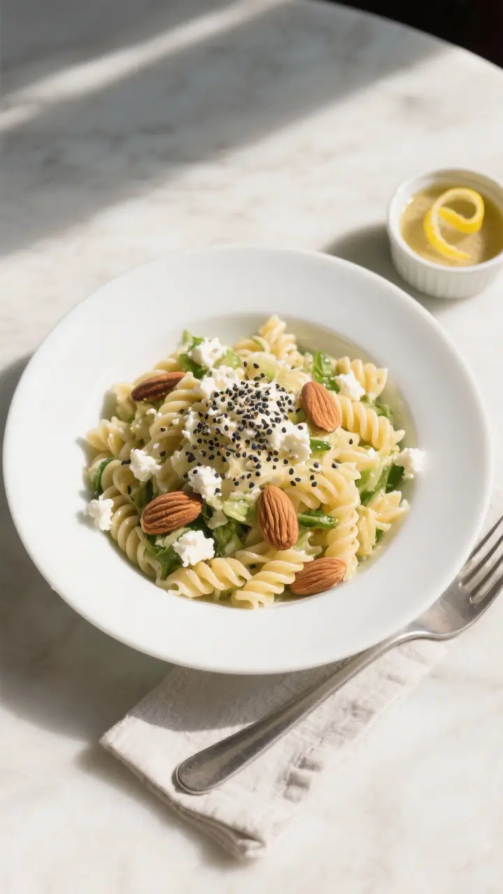 Final dish presentation: Beautifully plated Poppy Seed Pasta Salad in a white shallow bowl, topped w