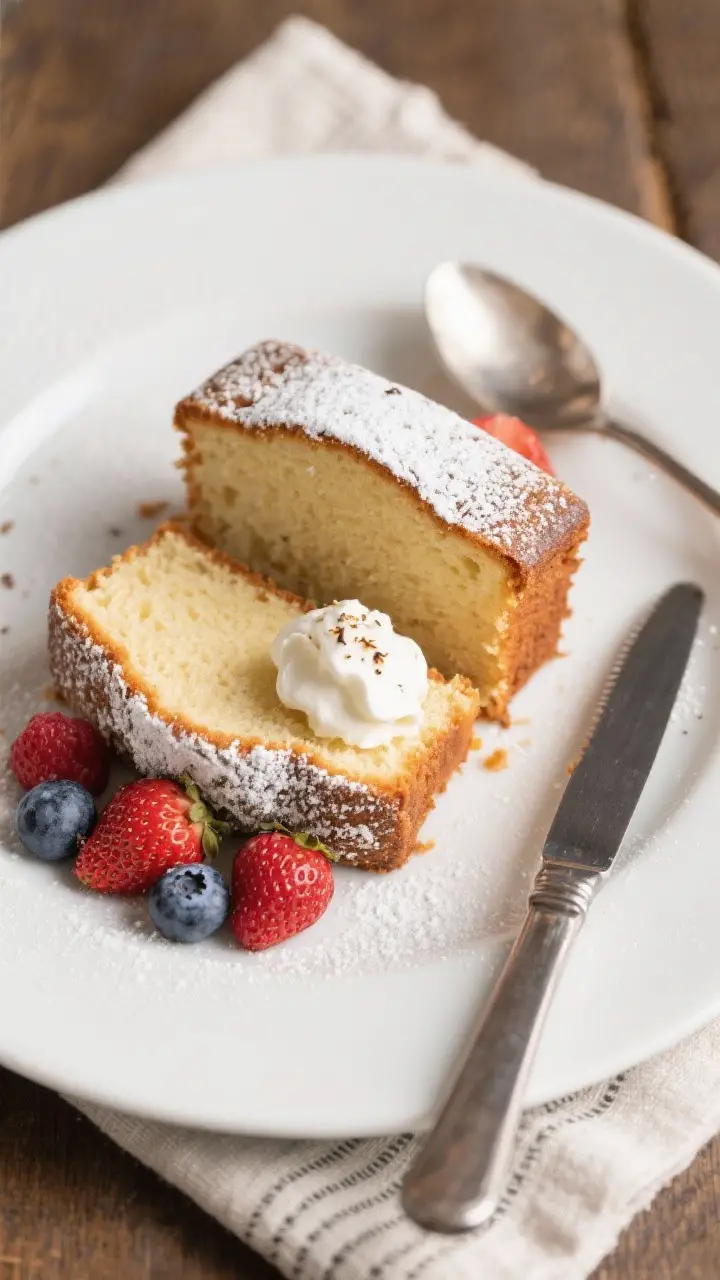 Final dish presentation: Beautifully plated pound cake on a matte white plate—two clean, even slic