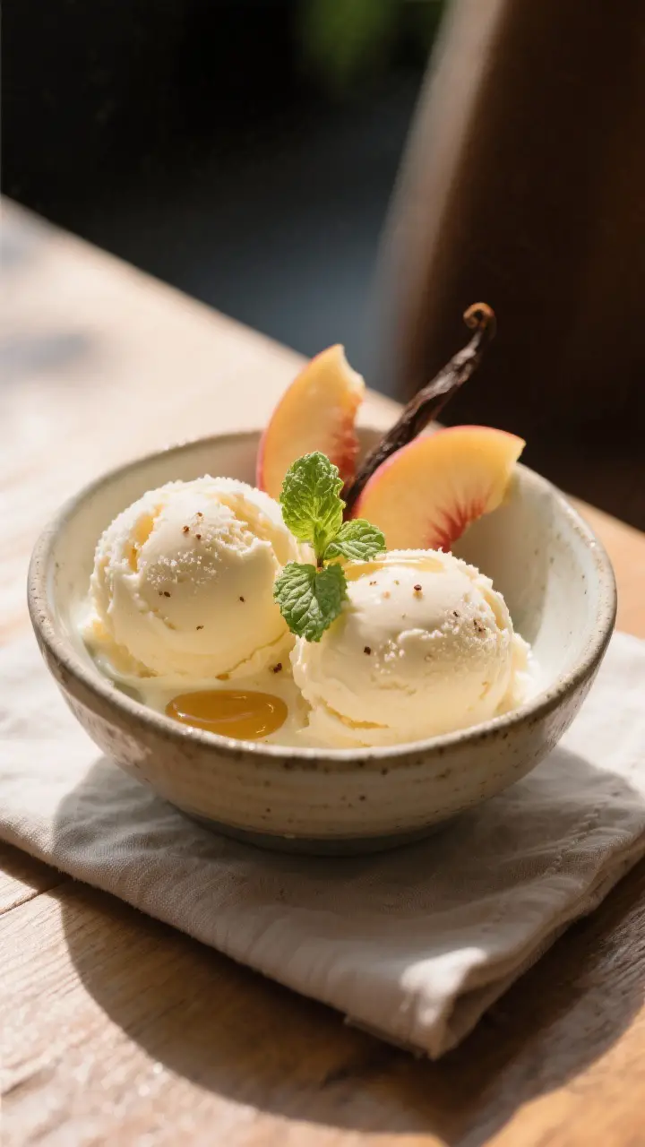 Final dish presentation: Beautifully plated scoops of peach ice cream (two to three round scoops) in