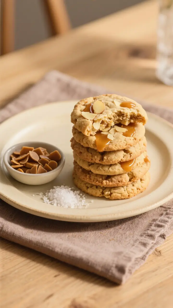 Final dish presentation: beautifully plated Scotch Spud Cookies stacked and fanned on a cream cerami
