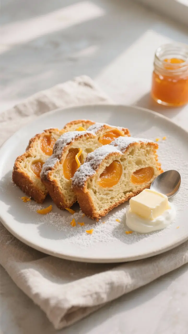 Final dish presentation: Beautifully plated slices of Apricrown Dessert Bread served warm, arranged 