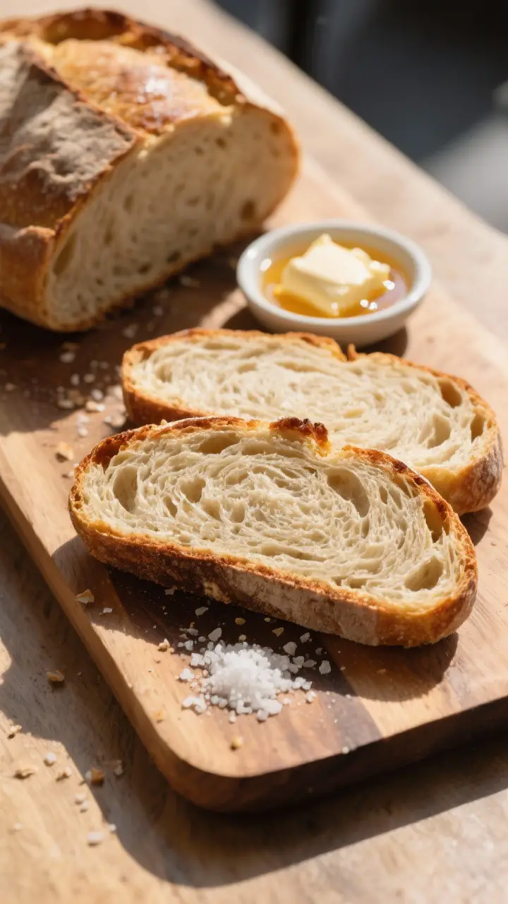 Final dish presentation: Beautifully plated slices of sourdough arranged on a wooden board for servi