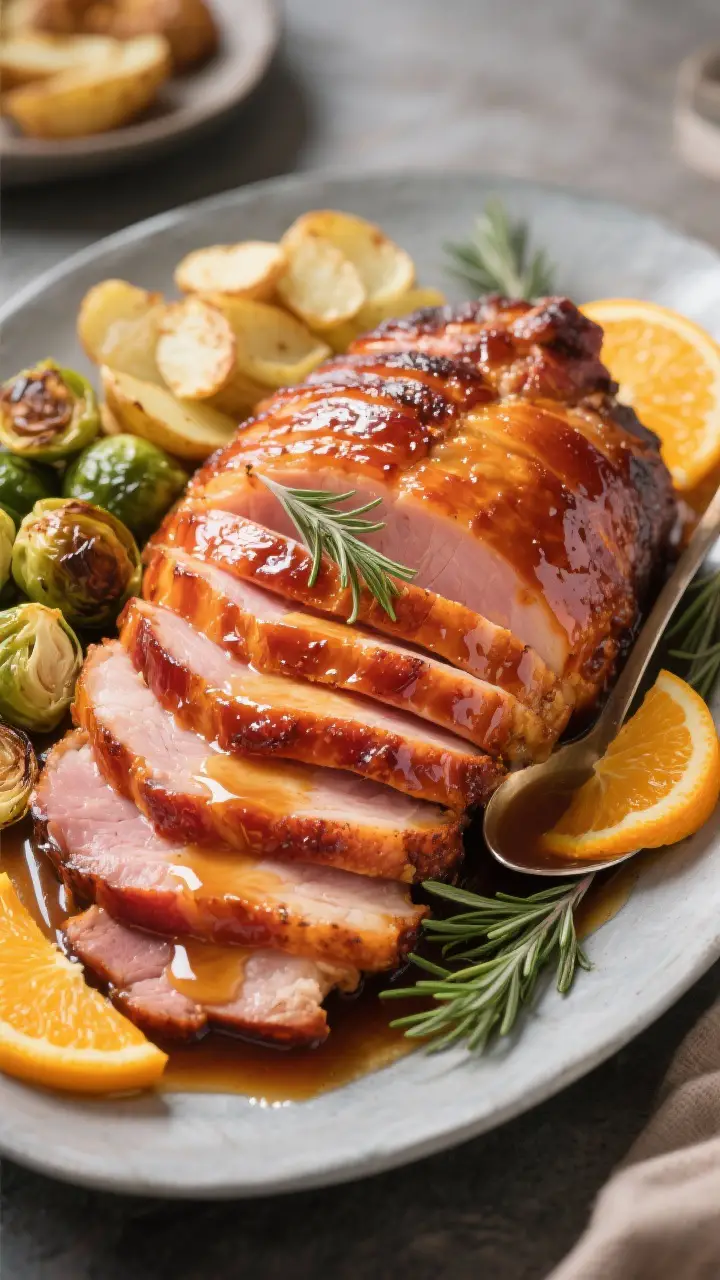 Final dish presentation: Beautifully plated smoked spiral ham on a large serving platter, cascading 