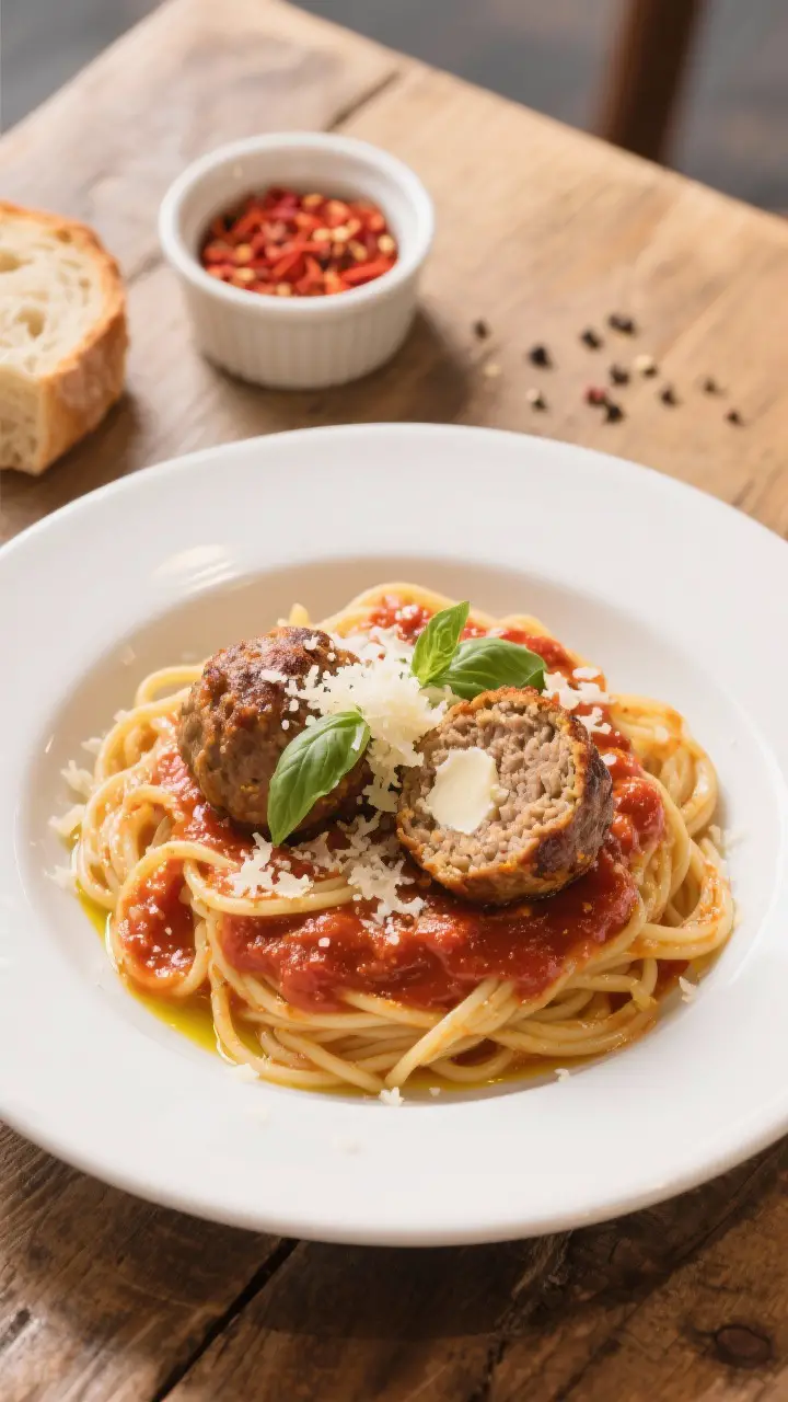 Final dish presentation: Beautifully plated spaghetti and baked Italian meatballs, sauced with gloss