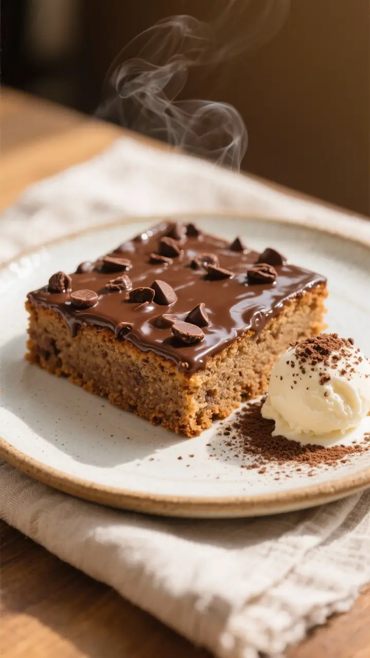 Final dish presentation: Beautifully plated square of chocolate chip sheet cake topped with a set, g