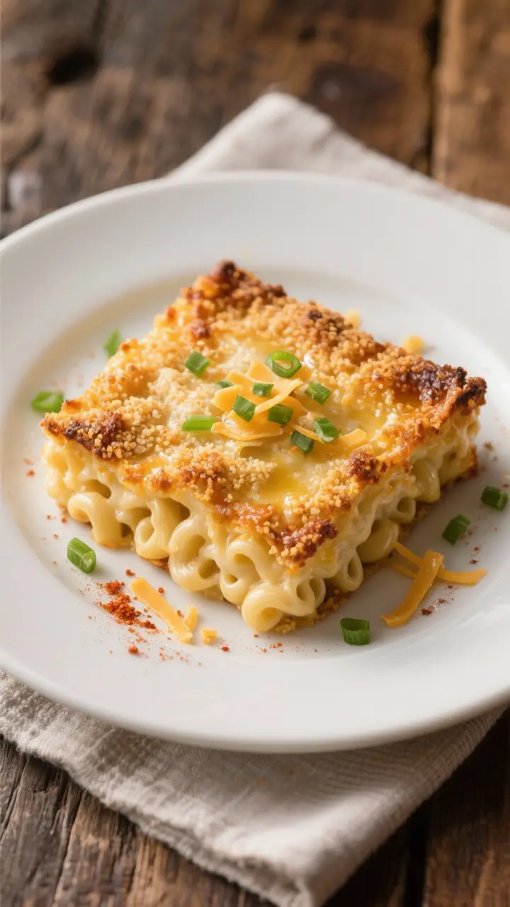 Final dish presentation: Beautifully plated square of baked mac and cheese with deeply golden, crunc