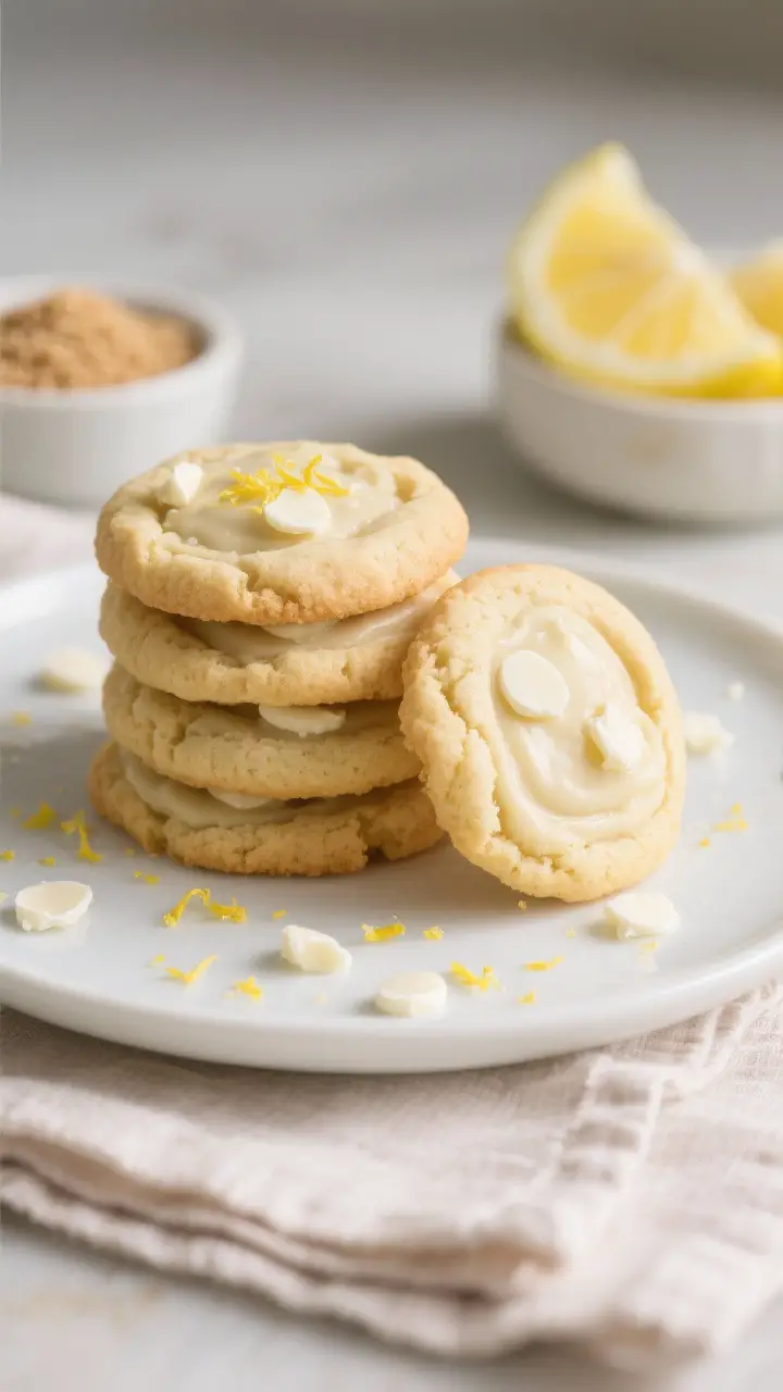 Final dish presentation: Beautifully plated stack of Lemon White Chocolate Pudding Cookies on a whit