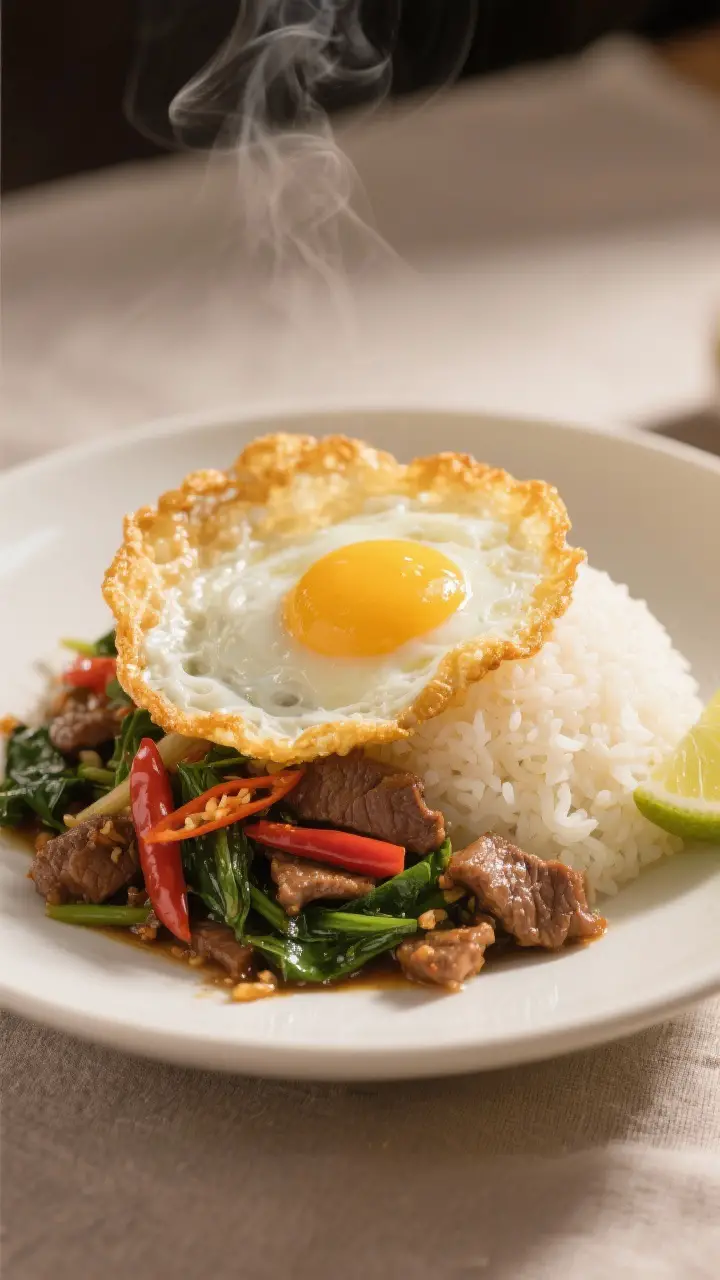 Final dish presentation: Beautifully plated Thai Basil Beef Pad Gra Prow over a mound of hot jasmine