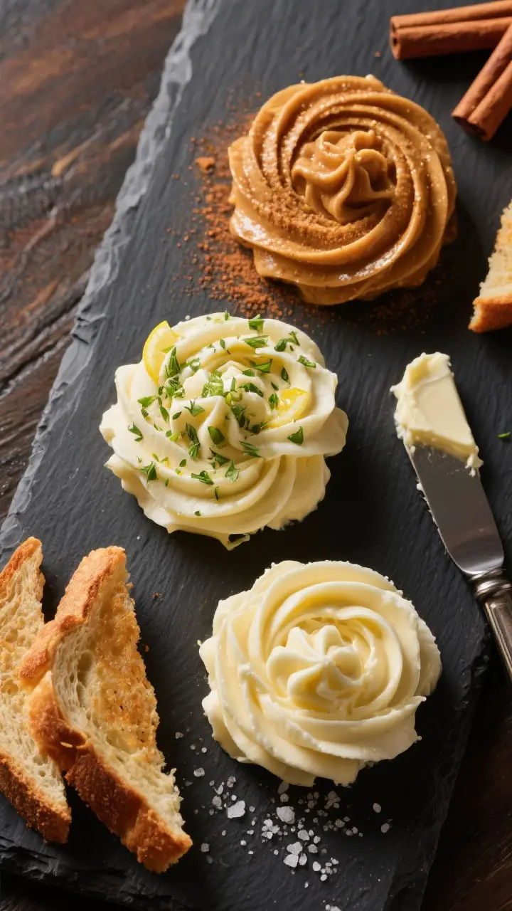 Final dish presentation: Beautifully plated trio of flavored whipped butters—honey-cinnamon (warm 