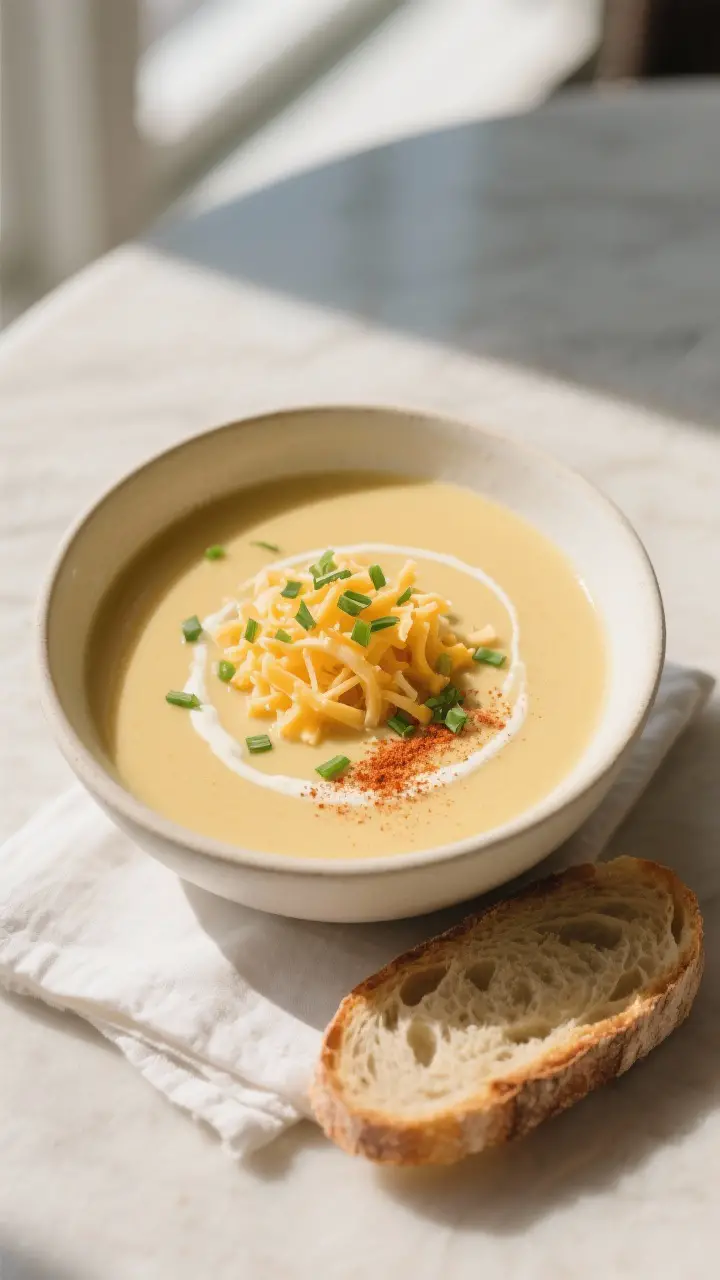 Final dish presentation: Beautifully plated Walkabout Soup in a wide, matte off-white bowl, velvety