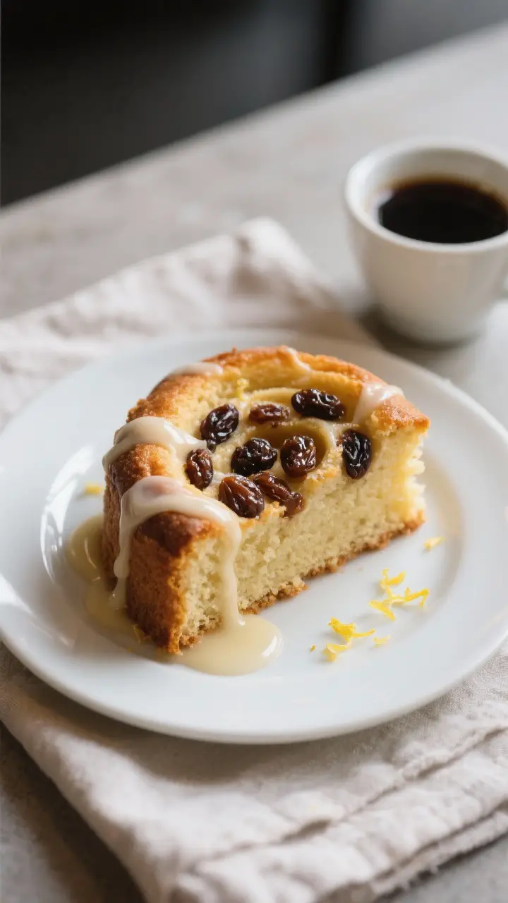 Final dish presentation: Beautifully plated wedge of Inside-Out Raisin Kuchen on a matte white desse