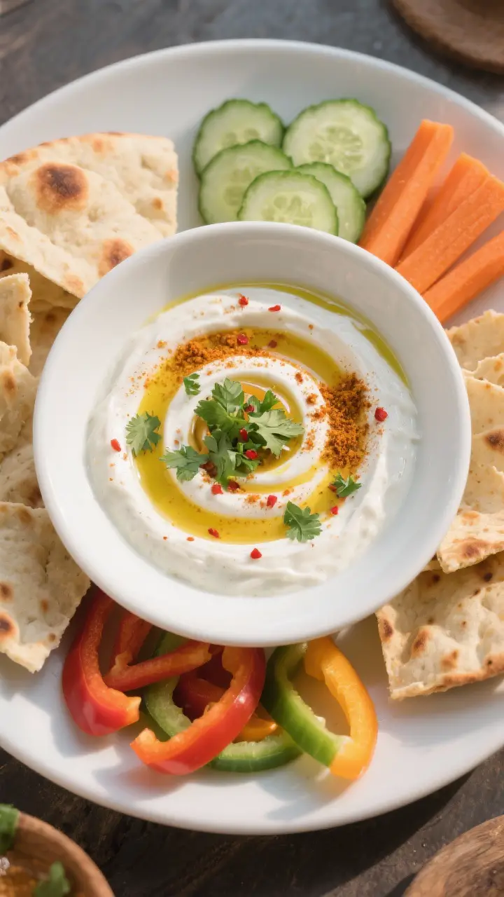 Final dish presentation: Beautifully plated yogurt curry dip in a wide, low white bowl, topped with 