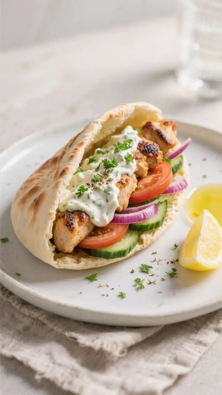 Final dish presentation: Chicken souvlaki stuffed in warm pita with a generous swipe of creamy tzatz