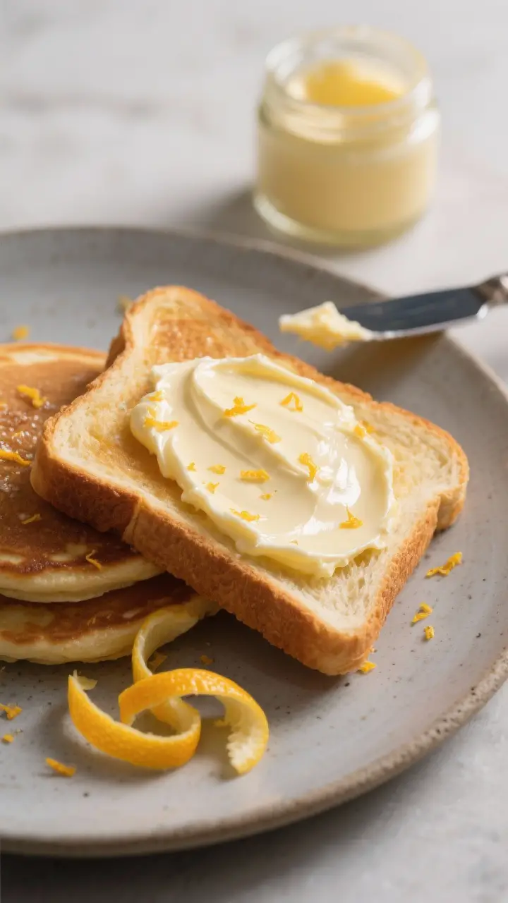 Final dish presentation: citrus honey butter spread on thick toast and pancakes on a matte stoneware
