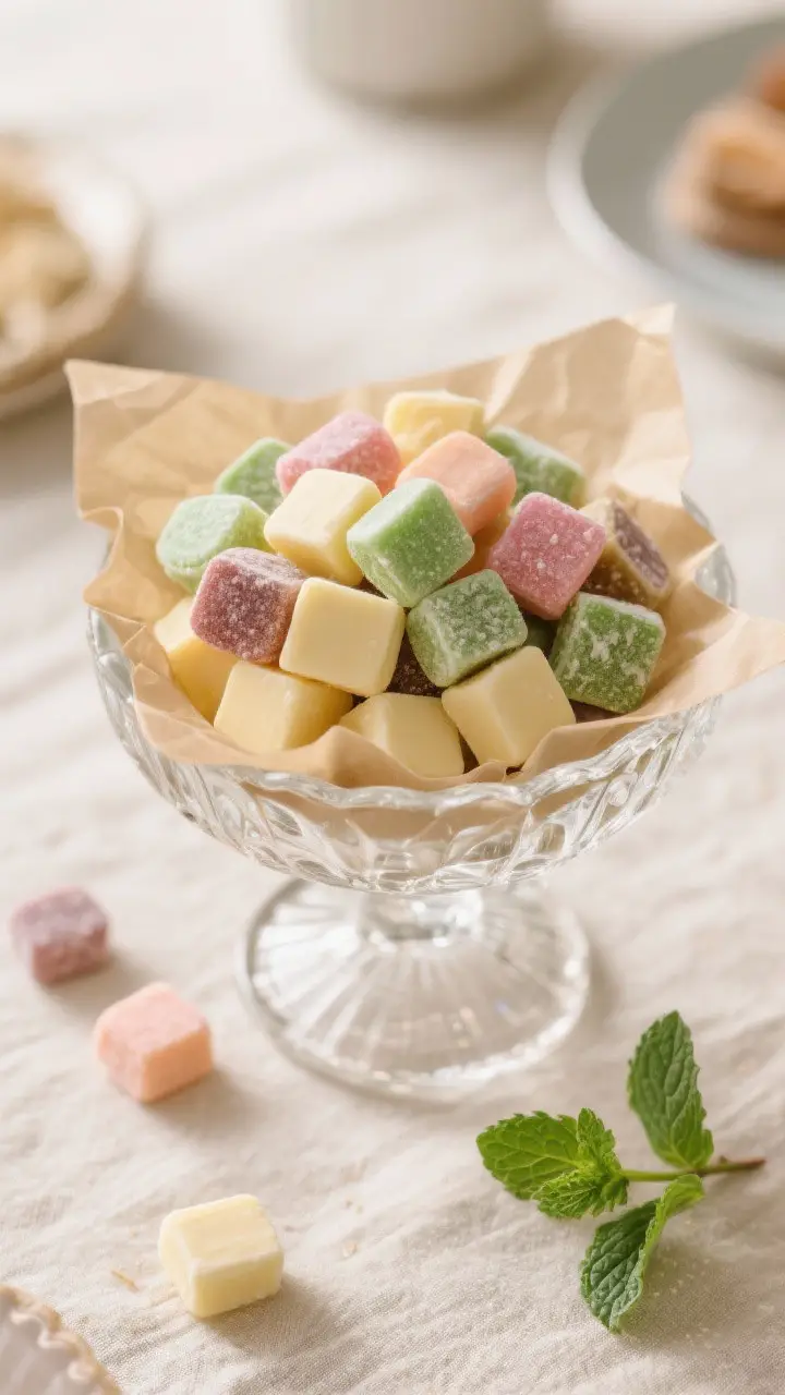 Final dish presentation: Elegant candy-dish display of assorted butter mint pats arranged in layered