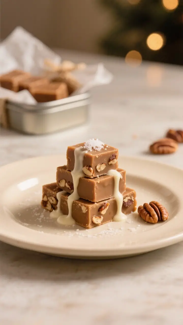 Final dish presentation: Elegantly plated butter pecan fudge arranged on a matte cream dessert plate