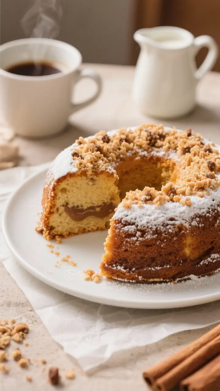 Final dish presentation: Overhead brunch scene of the finished pudding filled coffee cake, fully bak