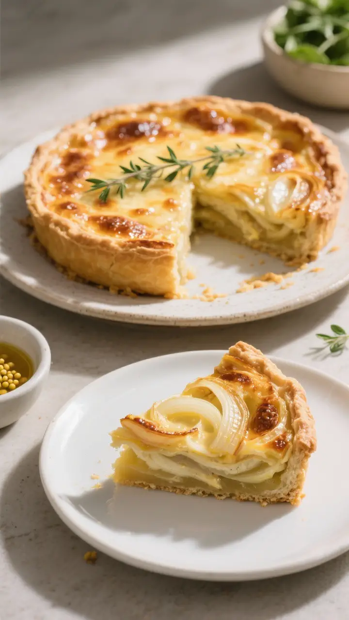 Final dish presentation: Overhead hero shot of the baked onion pie, golden and lightly puffed with a