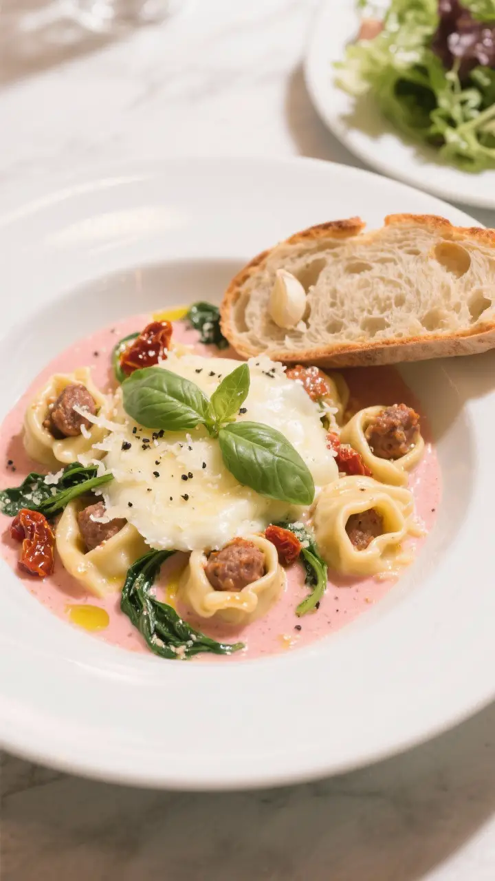 Final dish presentation: Overhead shot of a served portion in a shallow white bowl—cheesy tortelli